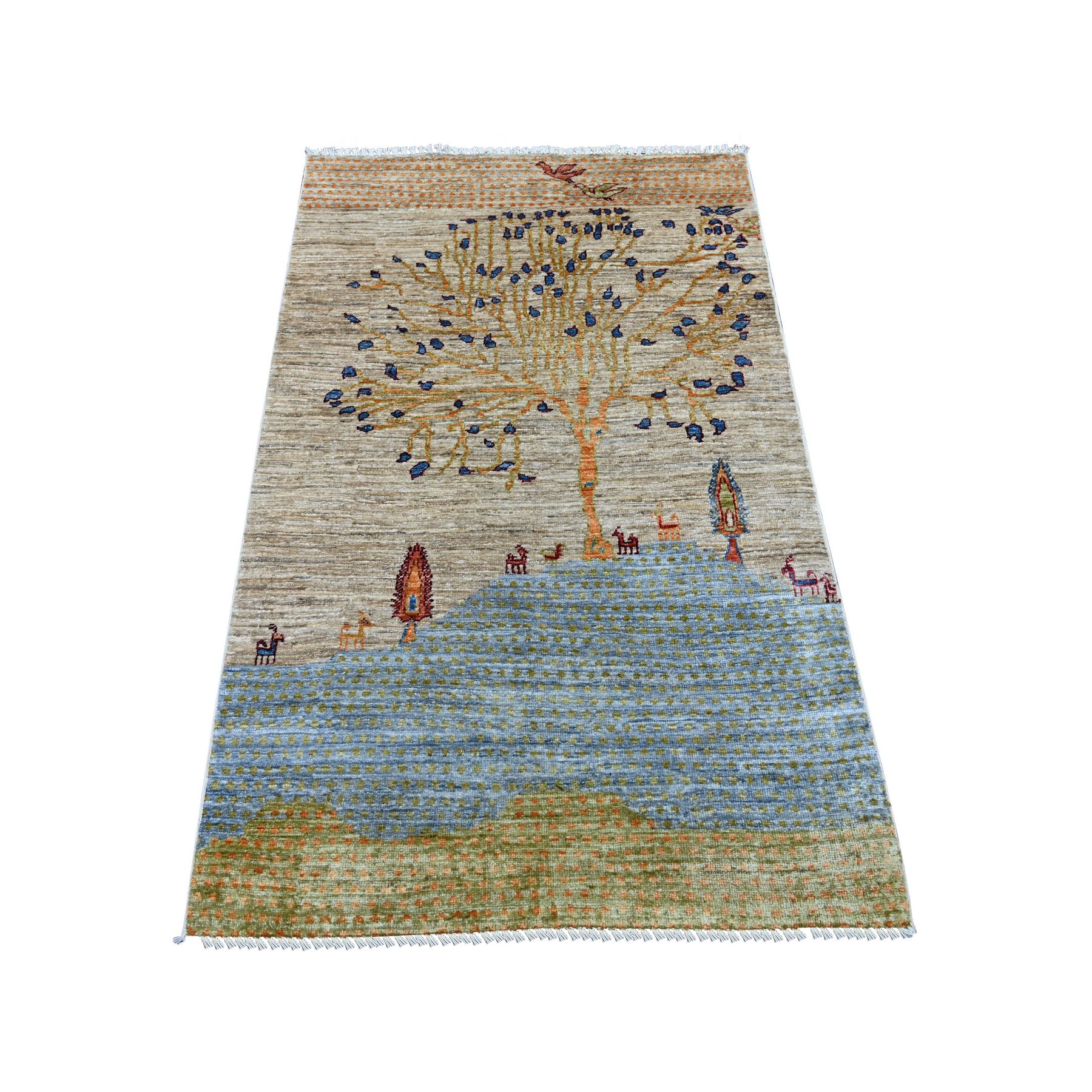 3'2"x5'1" Light Brown, Kashkuli Gabbeh with Pictorial Design, Small Animal Figurines, Hand Knotted, Natural Wool, Vegetable Dyes, Oriental Rug 